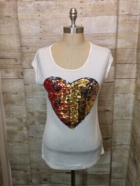 Sequin Heart Scoop Neck Women's Top - Ivory